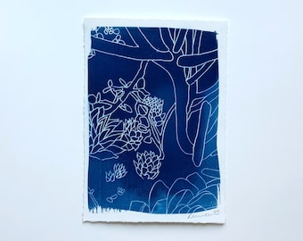 Garden Cyanotype Print-Cyanotype Print-sun print, hand drawn print, 5"x7", cyanotype print, monotype