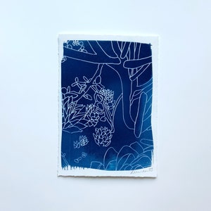 Garden Cyanotype Print-Cyanotype Print-sun print, hand drawn print, 5&quot;x7&quot;, cyanotype print, monotype