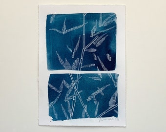 Bamboo Cyanotype Print-Cyanotype Print-sun print, hand drawn print, 5"x7", cyanotype print, monotype