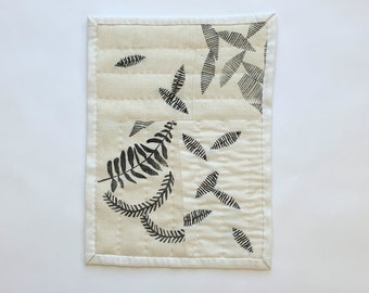 Leaves Quilted Textile, hand printed fabric with embroidery, wall decor