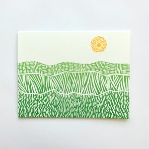 Green Field Yellow Sun Card-Hand Printed Hand Stamped Greeting Card-linoleum cut blank card-handmade cards-all occasion cards-greeting cards