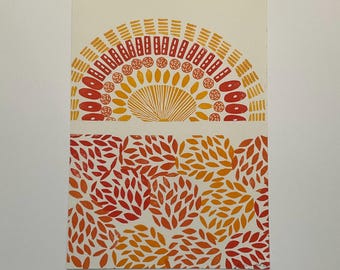 Zon, pagina uit een stempelschetsboek, handgestempelde afdruk, muurkunst, wanddecoratie