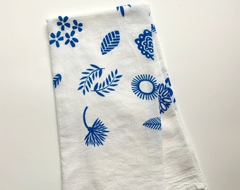 Blue Garden Tea Towel, screen printed 100% cotton tea towel, white flour sack towel