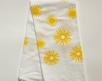Sunshine Tea Towel, screen printed 100% cotton tea towel, white flour sack towel