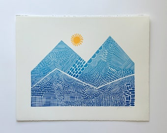 Mountain Print, linocut print, hand carved print, 11&quot; x 14&quot;