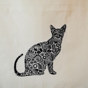 Kitty Tea Towel, Cat Tea Towel, screen printed flour sack kitchen towel, black kitty on a natural color towel
