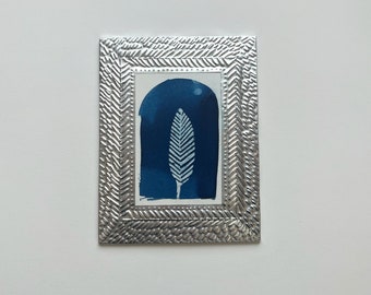 Framed Cyanotype, framed sun print, hand made frame, ready to hang, garden cyanotype print, feather print