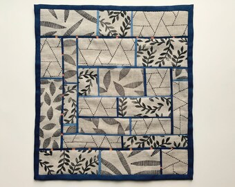 Blue Lines Mini Quilt Wall Hanging- hand stamped fabric, sashiko stitching, 13 3/4"x15", ready to hang