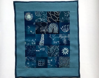 Cyanotype Textile-hand made cyanotype on fabric-hand sewn fabric-grid design