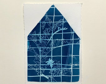 House Garden Cyanotype, Cyanotype Print-sun print, hand drawn print, 5"x7", cyanotype print, monotype