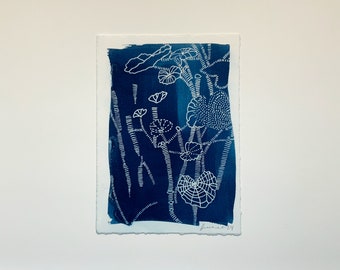 Impression cyanotype de jardin-Impression cyanotypée-soleil, impression dessinée à la main, 5 x 7 pouces, impression cyanotypée, monotype