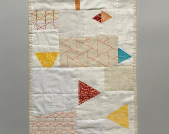 Triangle Mini Quilt, hand printed fabric, hand sewn fabric, ready to hang, sashiko stitching FREE SHIPPING