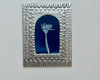 Framed Cyanotype, framed sun print, hand made frame, ready to hang, flower cyanotype print