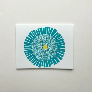 Turquoise Flower Card-Hand Printed Hand Stamped Greeting Card-linoleum cut blank card-handmade cards-all occasion cards