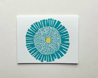 Turquoise Flower Card-Hand Printed Hand Stamped Greeting Card-linoleum cut blank card-handmade cards-all occasion cards