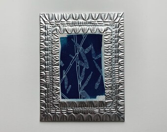 Framed Cyanotype, framed sun print, hand made frame, ready to hang, garden cyanotype print, bamboo print