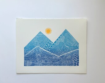 Mountain Print, linocut print, hand carved print, 11" x 14"