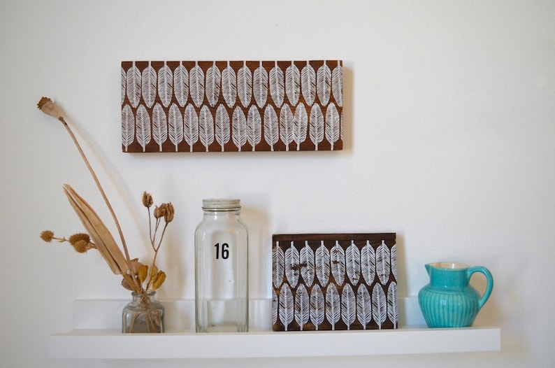 Reclaimed Repurposed Wood-Upcycled hand stamped wall art-ready to hang-Feathers