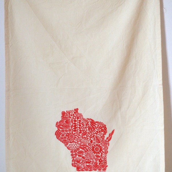 Wisconsin Tea towel, screen printed state of Wisconsin, cotton tea towel