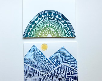 Mountain card-Rainbow card-Hand Printed Hand Stamped Greeting Card-linoleum cut blank card-handmade cards-all occasion cards- set of 2