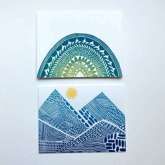 Mountain card-Rainbow card-Hand Printed Hand Stamped Greeting Card-linoleum cut blank card-handmade cards-all occasion cards- set of 2