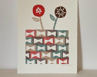Bloemen, handgestempelde print, wanddecoratie, originele kunst, handgedrukt