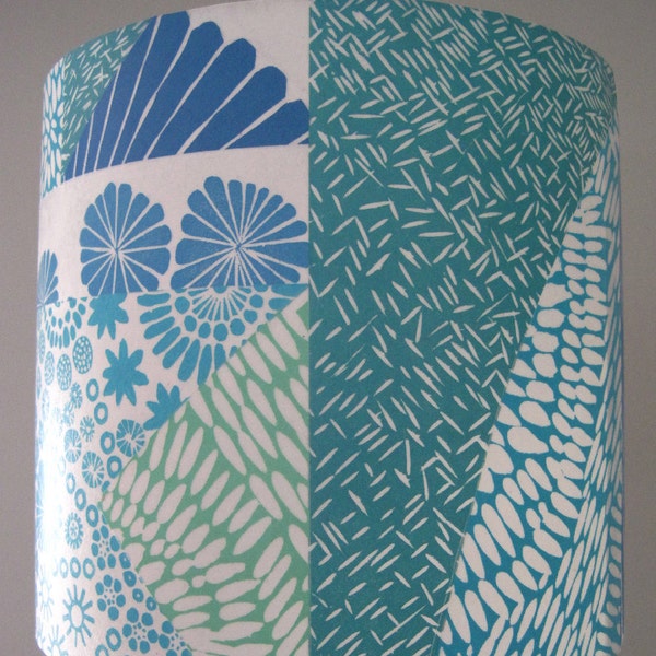 Blue Green Paper Cottage Chic Collage Hand Printed Lampshade- pendant hanging drum lamp shade