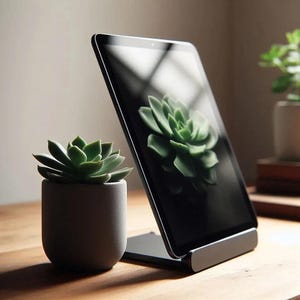 May include: A black tablet computer with a stand, propped up on a wooden table. The tablet screen displays a close-up image of a green succulent plant.