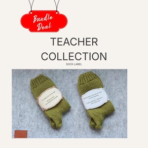 May include: Two olive green knitted socks with attached labels. The labels read "Teacher Collection" and "Sock Label". A red banner with the words "Bundle Deal" hangs above the socks.