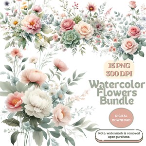 Watercolor Floral pattern Set of 15, Watercolor Flower Wall Art Flowers Digital Paper Wedding Flower PNG Flower Clipart clipart-floral