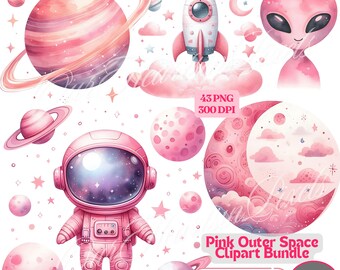 Rosa Weltraum Clipart Bundle 43 PNG, entzückende kosmische Designs für Kinderbasteln & Dekor! Weltraum Clipart Aquarell Cute Space Clipart