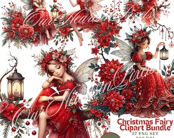 May include: A digital clipart set of 27 Christmas fairies in red dresses with wings and flowers. The fairies are holding lanterns and sitting on branches with red flowers and berries.