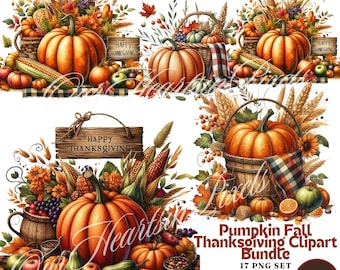 Pumpkin Fall Thanksgiving Clipart Bundle 17 PNG Watercolor Pumpkin Clipart Junk Journals Autumn Harvest Digital Watercolor Pumpkin Clipart