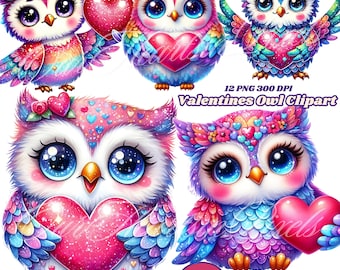 Pacchetto di clipart di gufo di San Valentino che tiene un cuore 12 PNG / adorabili design a tema amore per i lavoretti! Illustrazioni di gufo a forma di cuore Design di uccelli romantici