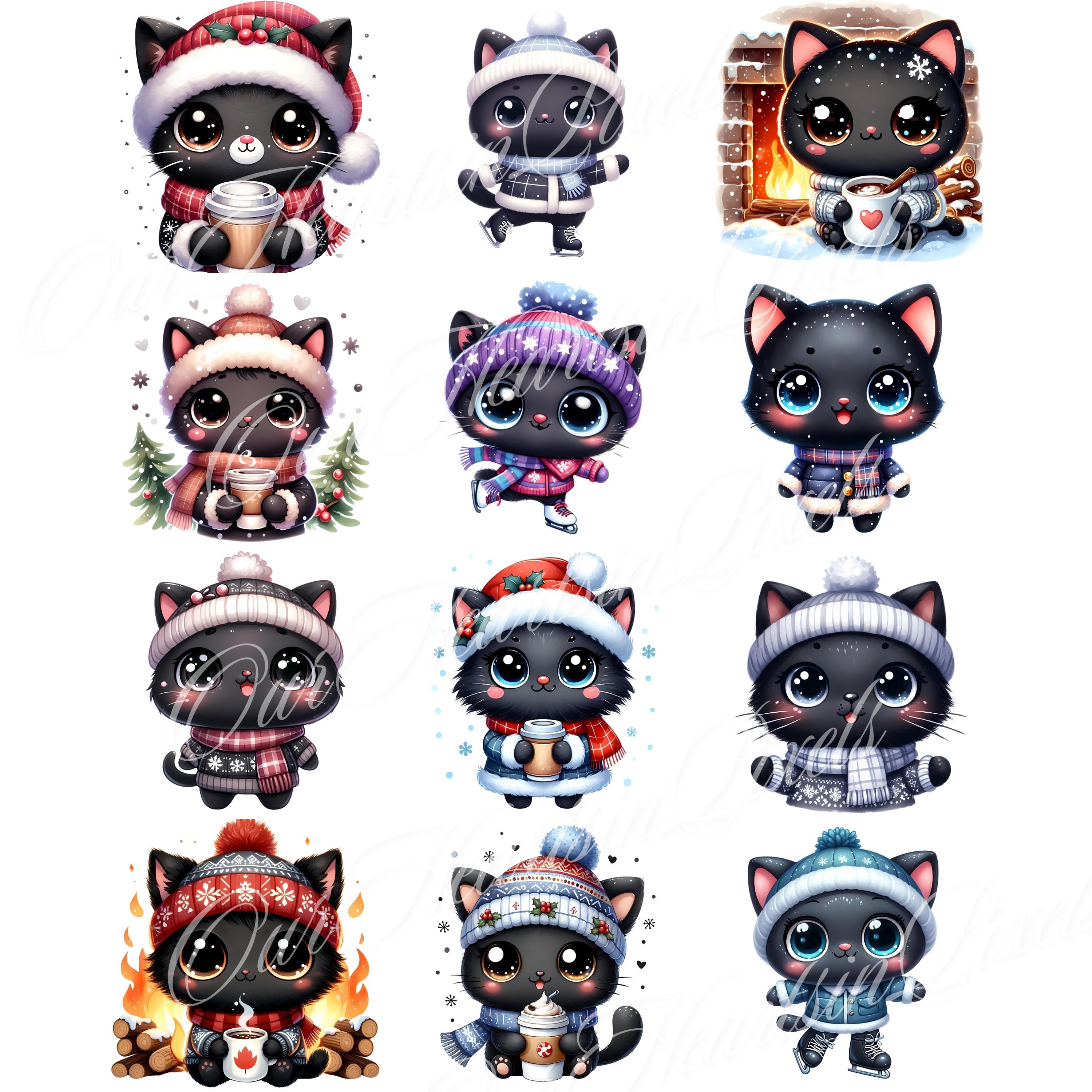 Kawaii Winter Black Cat Clipart Bundle Set of 12 PNG 300 DPI Watercolor ...