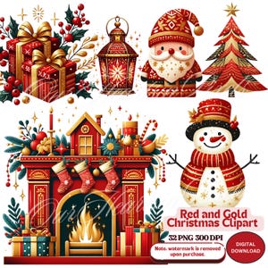 Pacote de clipart de Natal vermelho e dourado 32 PNG Designs clássicos de feriados para cartões, impressões Clipart de árvore de Natal Decoração tradicional de Natal
