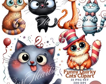 Funny Quirky Cats Clipart Bundle Playful Cat Illustrations for T-Shirts, Cards Pet Lover Clipart Funny Cat Printables Cute Animal Clipart