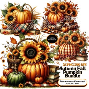 Autumn Pumpkin Clipart Set with Sunflower | 25 PNG Fall Clipart | Autumn Harvest, Sunflower PNG, Thanksgiving, Fall Season Decor Rustic Fall