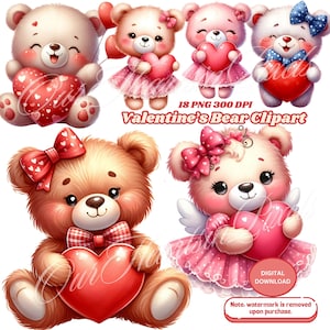 Valentine's Teddy Bear with Heart Clipart Bundle 18 PNG Adorable Love-Themed Designs for Crafts! Teddy Bear Stickers Digital Teddy Bear Art
