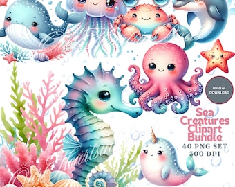 Sea Animals Clipart 40 PNG Nursery Decor Baby Wall Art Octopus Jellyfish Whale Cute Ocean Animals PNG Baby Shower Underwater Animals Clipart