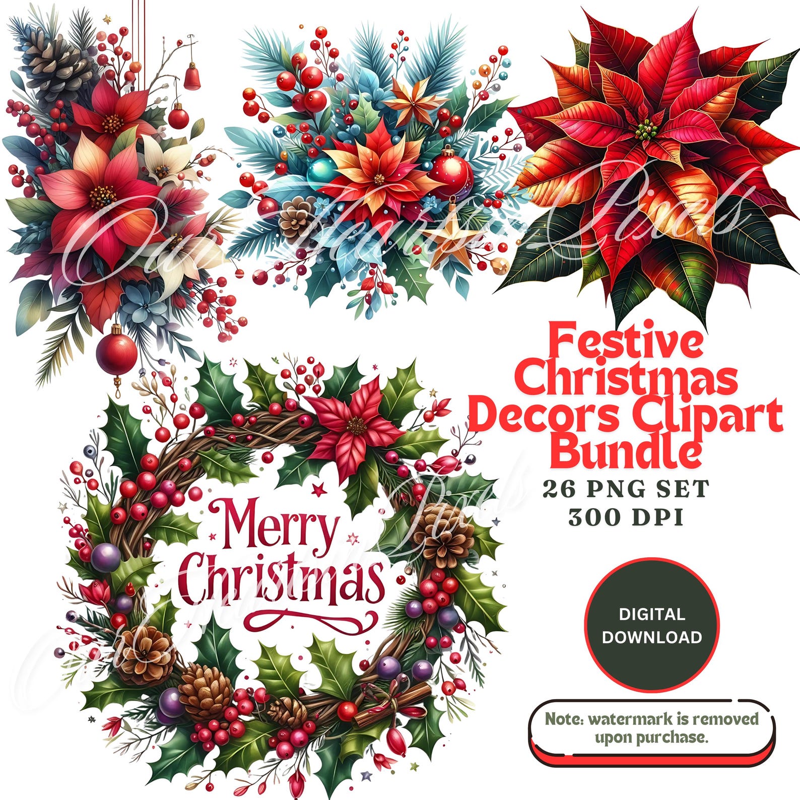 Festive Christmas Decors Clipart Bundle 26 PNG | Holiday Decor PNG ...