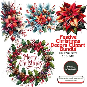 Feestelijke kerstdecors clipartbundel 26 png | Feestdecoratie, png | Kerststrik, ornamenten, bloemen, kransen | Kaarten, stickers, knutselwerkjes
