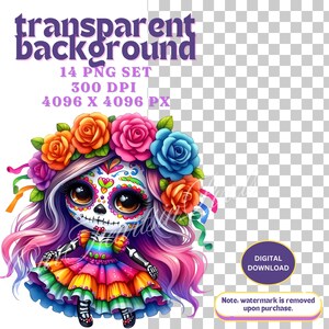 Kawaii La Catrina Day of the dead dolls 14 PNG Clipart Día de Los Muertos Clipart Sugar Skull, Mexican Halloween bundle. day-of-the-dead image 3
