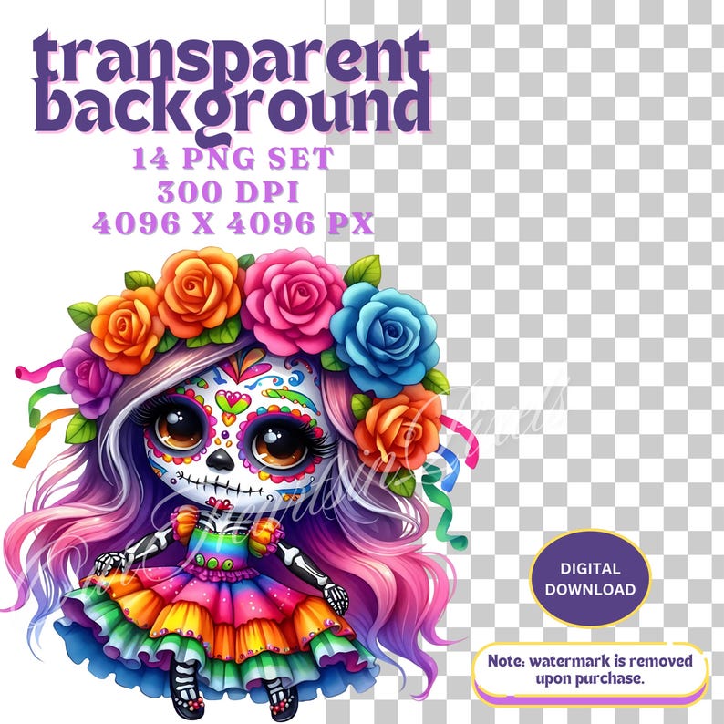 Kawaii La Catrina Day of the dead dolls 14 PNG Clipart Día de Los Muertos Clipart Sugar Skull, Mexican Halloween bundle. day-of-the-dead image 3