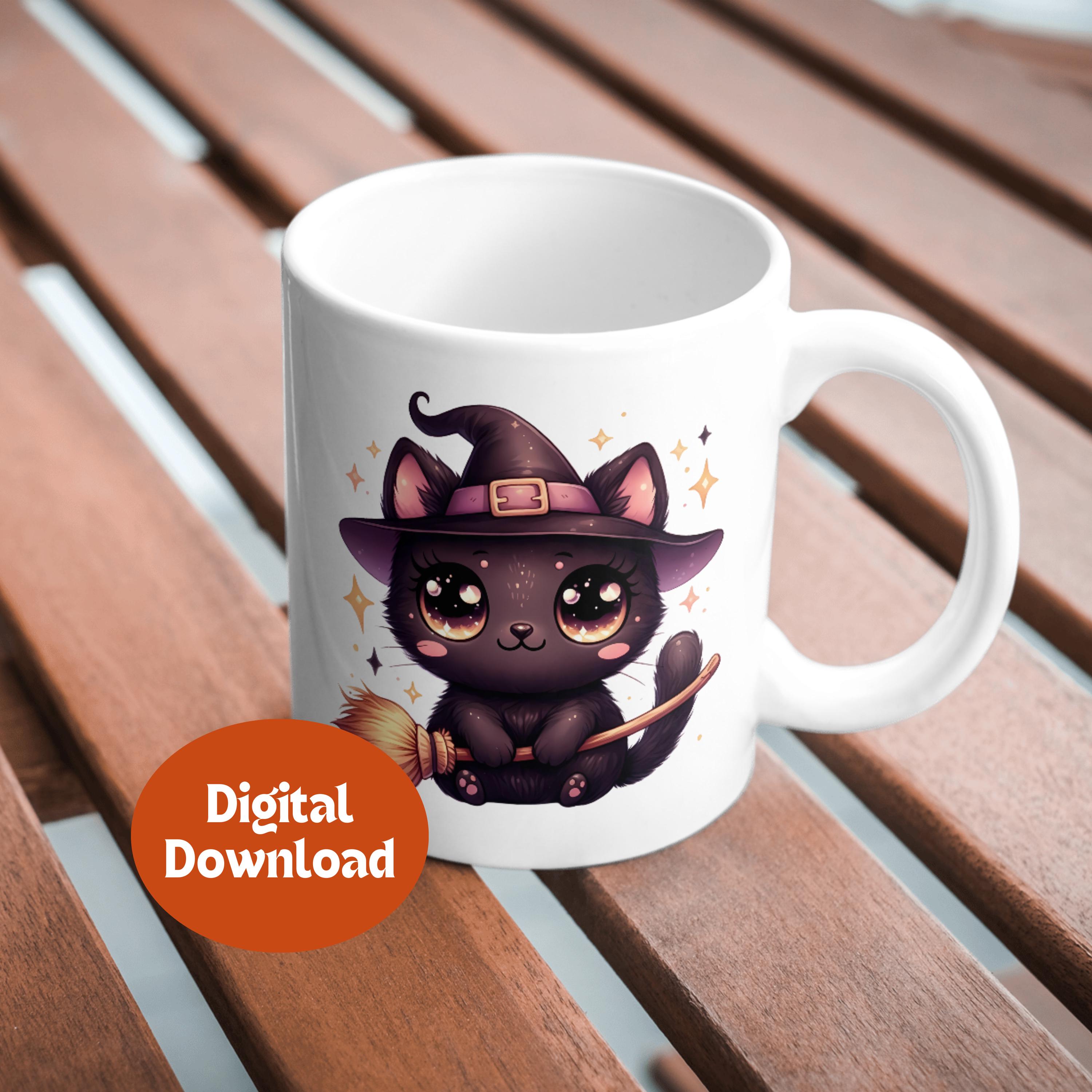 Halloween Kawaii Black Cat Witch Clipart Bundle of 24 PNG 300DPI Spooky ...