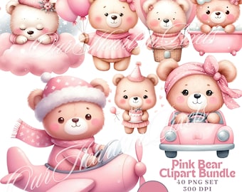 Rosa Teddybär Clipart 40 PNG Bär mit Luftballons PNG Schlafender Bär PNG Mädchen Baby Shower Clipart Kinderzimmer Teddybär Aquarell Bär Clipart