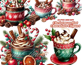 Christmas Hot Chocolate Clipart Bundle 12 PNG | Cozy Holiday Beverage Designs for Crafts! Sublimation Designs, Cozy Winter Drinks Clipart