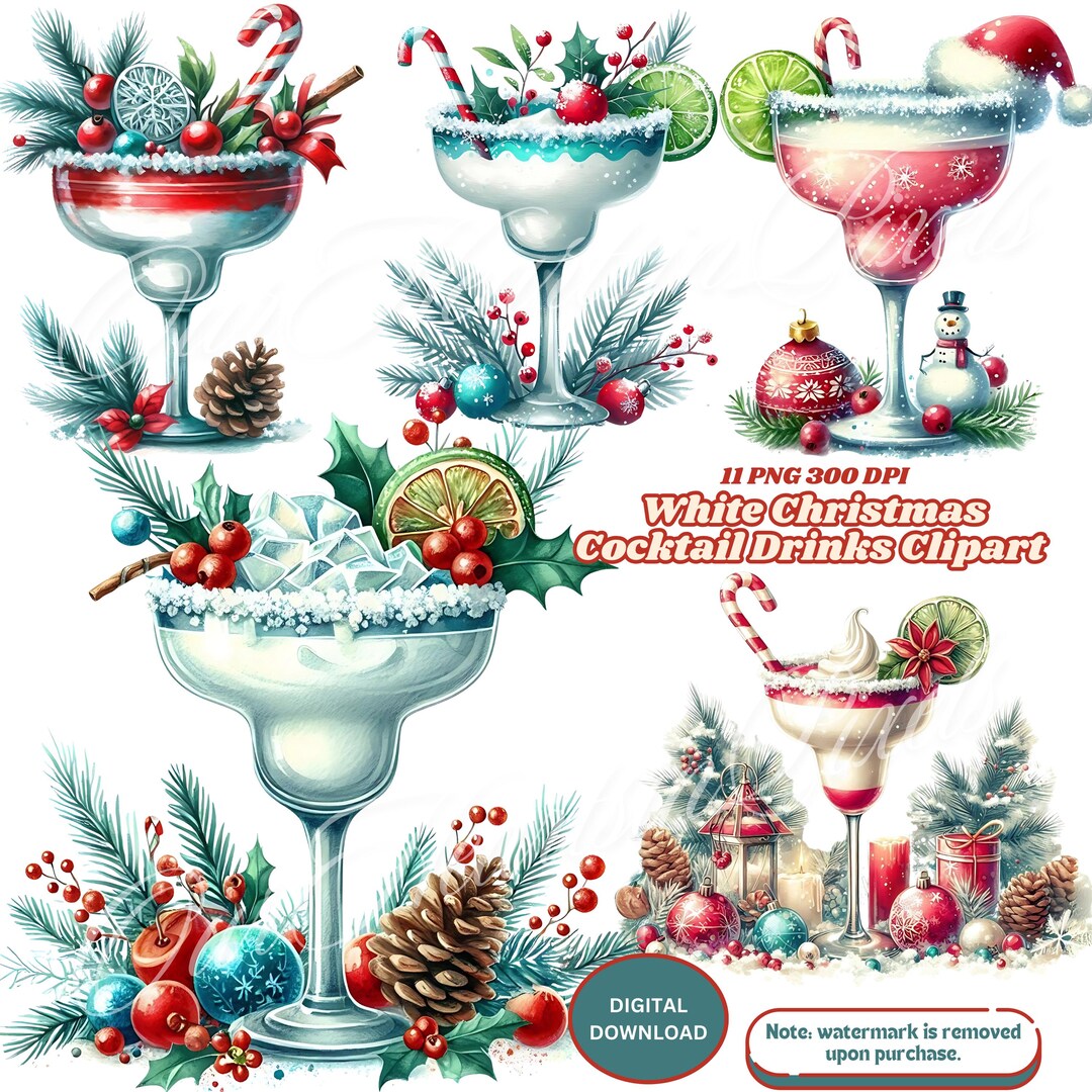 White Christmas Cocktail Drinks Clipart Bundle 11 PNG Elegant Holiday ...
