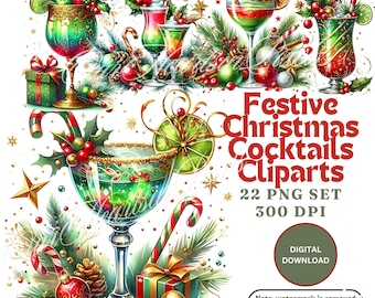 Festive Christmas Cocktail Drinks Clipart Bundle Festive Cocktail PNG Holiday Beverages for Cards Stickers Sublimation DIY Crafts Watercolor