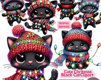 Christmas Black Cat with Christmas Lights Clipart Bundle 20 PNG Festive Feline Designs for Holiday Crafts. Festive Animal Art Funny Cat